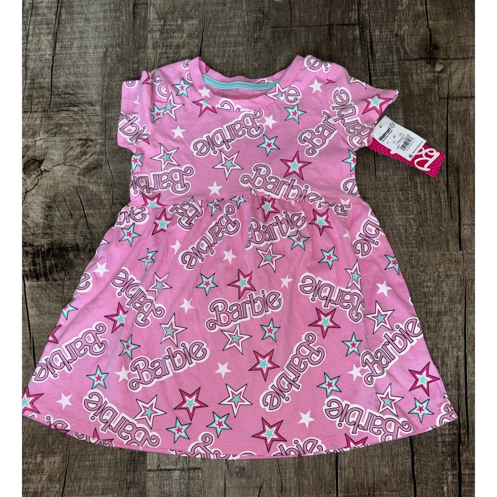 Barbie Toddler Girls Pink Star Logo All‎ Over Print Dress 4T NWT